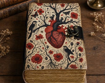 May include: A rectangular journal with a cream-colored cover featuring a central red anatomical heart illustration, black tree branches, red flowers, and two birds. The book has a black metal latch closure and thick, deckled-edge paper pages.