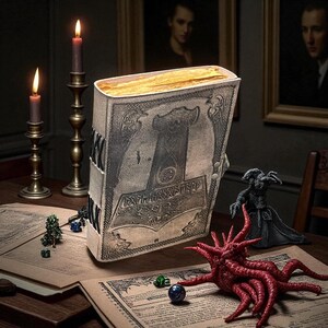 May include: A large, open book with a detailed cover featuring a hammer design and runes. The book is on a table with candles, figurines, and dice. The pages are yellowed, and the cover is gray. A red tentacled creature is on the table.