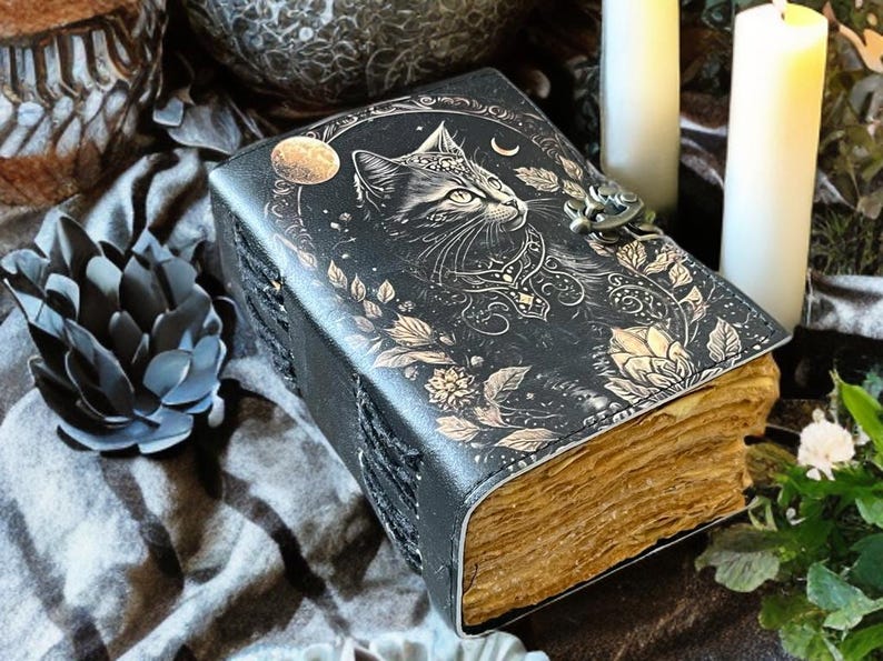 Celtic Cat Leather Grimoire: 400-Page Witchcraft Journal, Spell Book, Sketchbook image 2