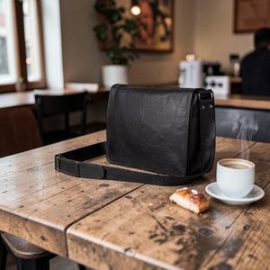 May include: A black leather messenger bag with a long adjustable strap sits on a wooden table. A white cup of coffee with steam rising from it and a small pastry are also on the table. The bag has a flap closure.