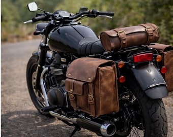 Handgjorda sadelväskor i brunt läder för motorcyklar – Retro sidoväskeset med verktygsficka