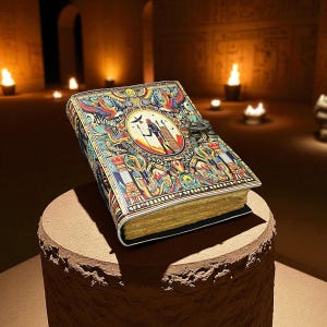 Puede incluir: Un libro decorativo con una cubierta ornamentada y colorida con temática egipcia. La cubierta muestra una imagen ovalada central con figuras, rodeada de patrones detallados en rojo, azul, amarillo y verde. El libro está cerrado con un broche metálico y tiene bordes dorados.