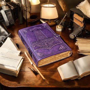 May include: A purple leather-bound journal with embossed Viking-style artwork, including a hammer and wolf designs. The journal is open, revealing aged paper pages. The cover features intricate details and a clasp closure. The journal sits on a wooden desk.