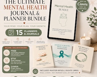Mental Health Journal Bundle Canva-Vorlagen | Wellness-Planer PLR & MRR | Bearbeitbares Selbstfürsorge-Arbeitsbuch | Therapie-Journal (digitaler Download)
