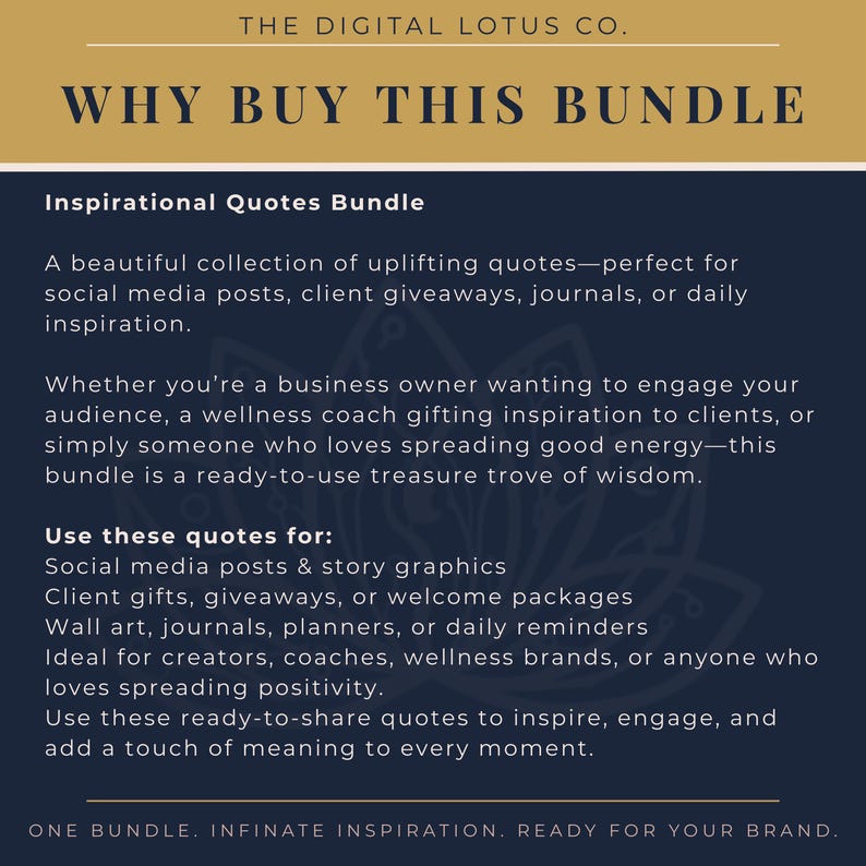 Pode incluir: Gr&aacute;fico promocional para "The Digital Lotus Co." com o texto "Por que comprar este pacote?" e "Pacote de cita&ccedil;&otilde;es inspiradoras". O texto descreve o uso do pacote para m&iacute;dias sociais, presentes para clientes e inspira&ccedil;&atilde;o di&aacute;ria.