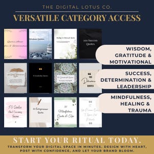 Pode incluir: Imagem promocional de produtos digitais, apresentando e-books com t&iacute;tulos como "Wisdom Quotes" e "100 Success Quotes". As categorias incluem Sabedoria, Gratid&atilde;o, Motiva&ccedil;&atilde;o, Sucesso, Determina&ccedil;&atilde;o, Lideran&ccedil;a, Mindfulness, Cura e Trauma. O texto diz "Start Your Ritual Today."