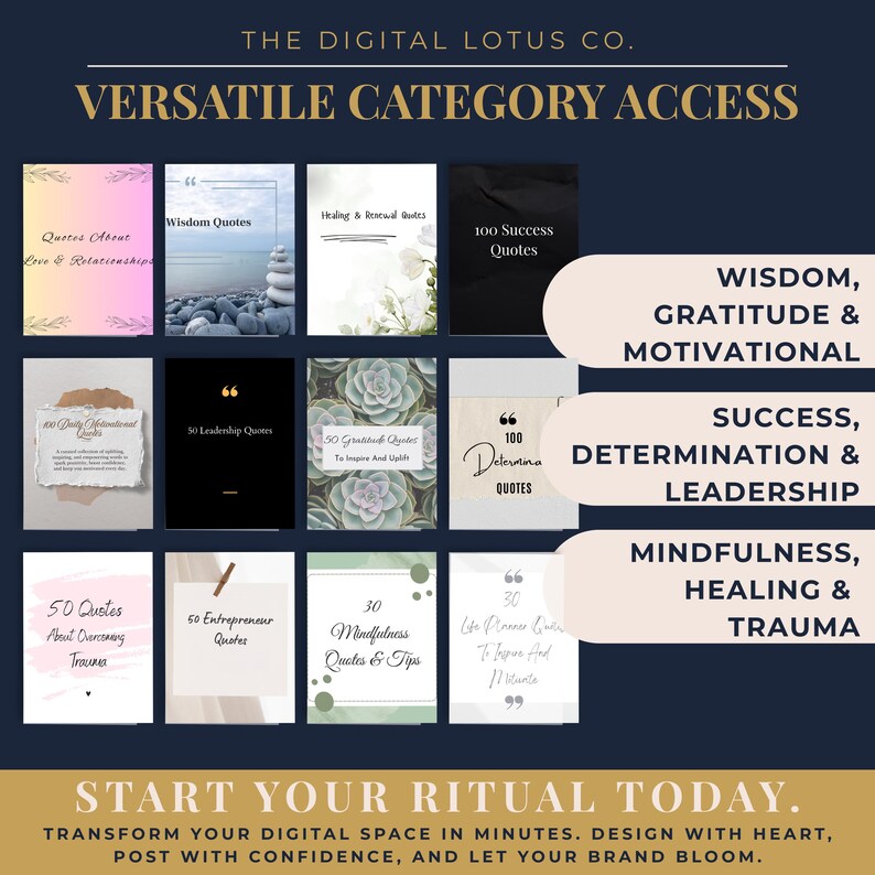 Pode incluir: Imagem promocional de produtos digitais, apresentando e-books com t&iacute;tulos como "Wisdom Quotes" e "100 Success Quotes". As categorias incluem Sabedoria, Gratid&atilde;o, Motiva&ccedil;&atilde;o, Sucesso, Determina&ccedil;&atilde;o, Lideran&ccedil;a, Mindfulness, Cura e Trauma. O texto diz "Start Your Ritual Today."