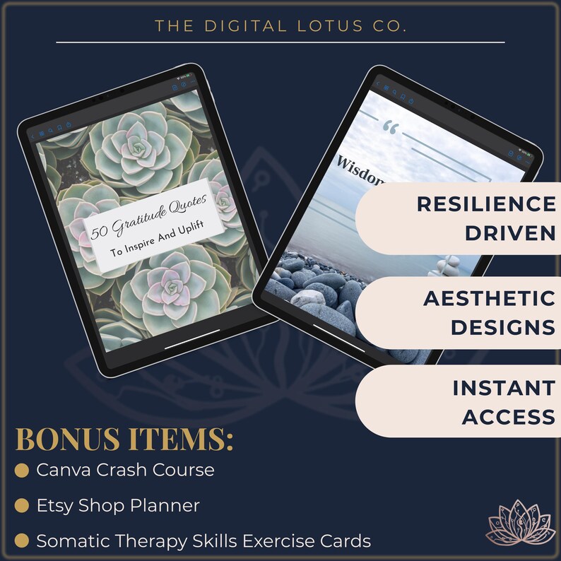 Pode incluir: Dois tablets digitais exibindo conte&uacute;do inspirador. Um mostra plantas suculentas com o texto "50 Gratitude Quotes To Inspire And Uplift". O outro tablet apresenta uma cena de praia com as palavras "Resilience Driven, Aesthetic Designs, Instant Access."