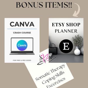 Pode incluir: Imagem com produtos digitais. Inclui um gr&aacute;fico do curso intensivo do Canva com um laptop e o logotipo do Canva. Um gr&aacute;fico do planejador da loja Etsy tamb&eacute;m &eacute; exibido, juntamente com o texto "Bonus Items!!" e "Somatic Therapy Coping Skills Exercises."
