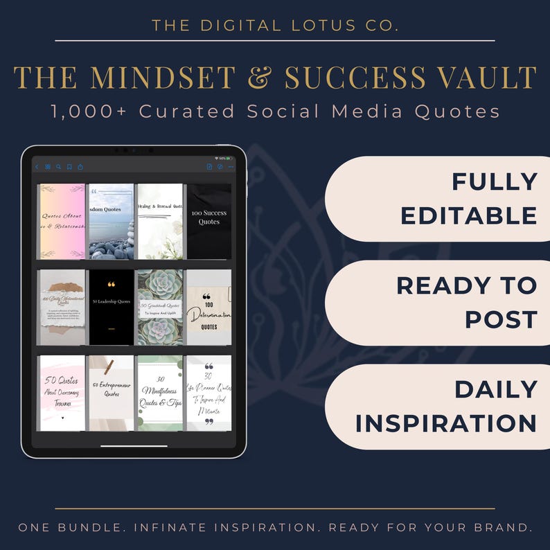 Pode incluir: Um tablet digital exibe cita&ccedil;&otilde;es para as redes sociais. A tela mostra "The Mindset & Success Vault" e "1,000+ Curated Social Media Quotes." A imagem tamb&eacute;m inclui as palavras "FULLY EDITABLE", "READY TO POST" e "DAILY INSPIRATION".