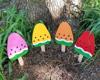 Watermelon Wooden Yard Stake Set of 4; Sweet Summer Time; Watermelon Garden Decor; Rainbow