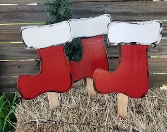 Three Little Stockings; Christmas Yard Decor; Set of 3 Wooden Stake Stockings; Santa's Coming Stockings