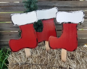 Three Little Stockings; Christmas Yard Decor; Set of 3 Wooden Stake Stockings; Santa's Coming Stockings