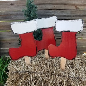 Three Little Stockings; Christmas Yard Decor; Set of 3 Wooden Stake Stockings; Santa&#39;s Coming Stockings