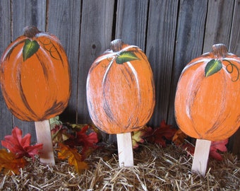 Wooden Pumpkin Garden Stake Set of 3, Fall Garden Decorations,  Pumpkin Garden Stakes,  Pumpkin Patch