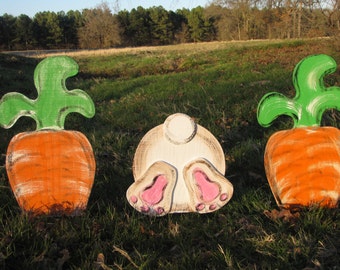 The Original Wooden Bunny Bottom &  2 Carrots Spring Lawn and Garden Decoration ; Outdoor Easter Decoration; Handmade Easter Gift