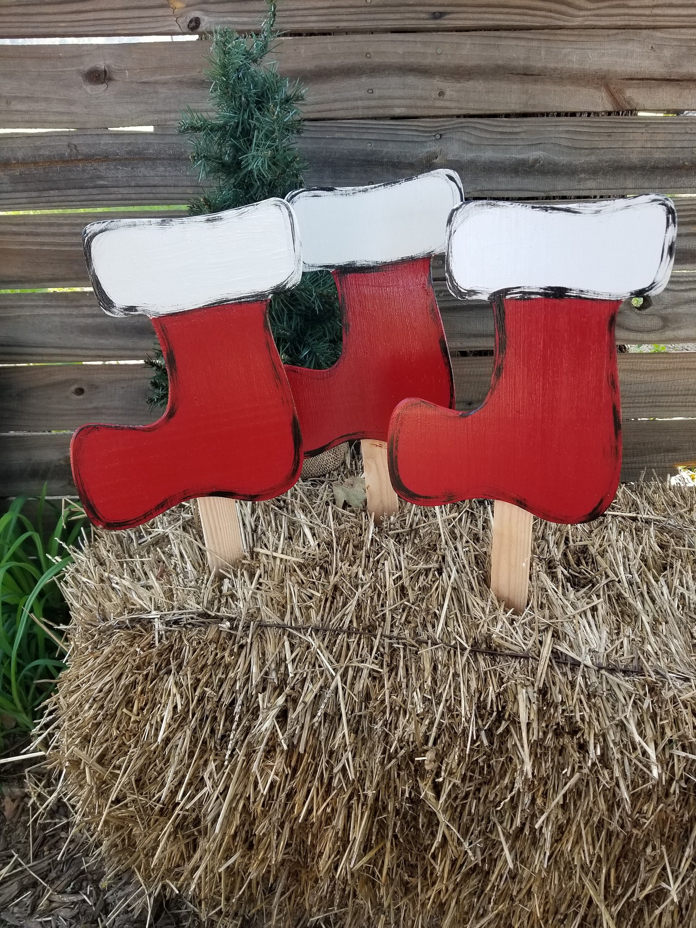 Three Little Stockings; Christmas Yard Decor; Set of 3 Wooden Stake Stockings; Santa's Coming Stockings