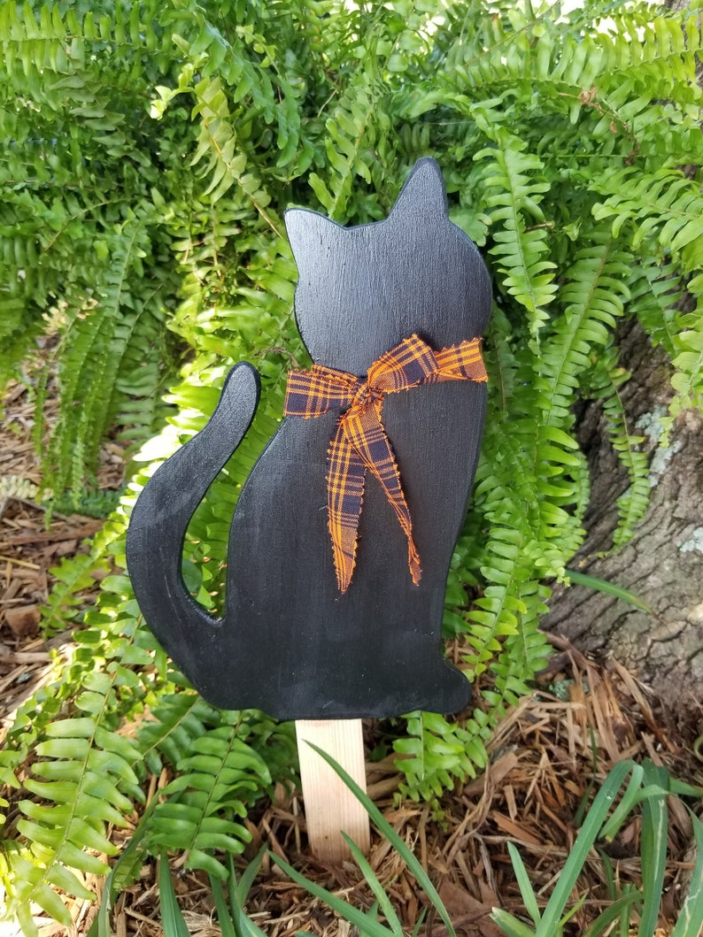 Black Kitty Cat Wooden Yard Stake Halloween Black Cat Cat Silhouette image 3