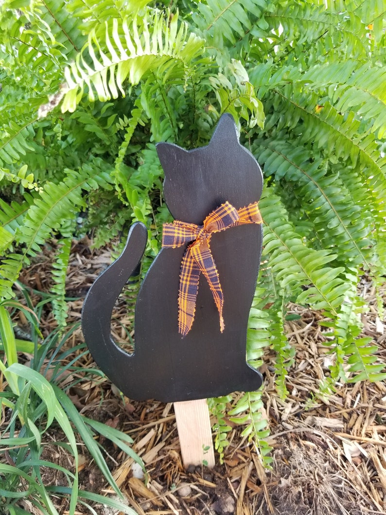 Black Kitty Cat Wooden Yard Stake Halloween Black Cat Cat Silhouette image 2