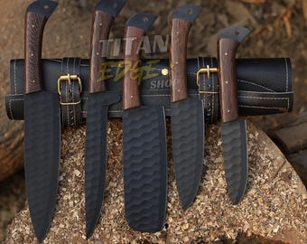 Handcrafted Kitchen Knife Set | 5pcs Professional Chef Knives   Powder Coated Blades, Resin Handle,