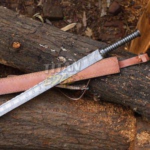 Custom Hand Forged, Damascus Steel Functional Sword 28 inches, Viking Tanto Sword, Swords Ready, With Hand Leather Sheath, Gift