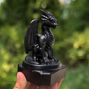 May include: A black dragon figurine with detailed scales, wings, and horns. The dragon is perched on a black, geometric base. The sculpture is held in a hand against a blurred green background, showcasing the dragon's intricate design and dark color.