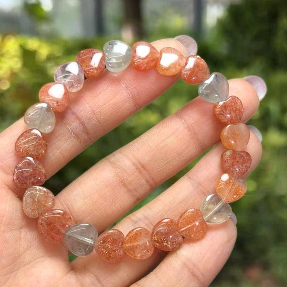 Natural Arusha Sunstone Heart Bracelet |Heart Beads | Healing Crystal Bracelet | Stretch Gemstone Jewelry