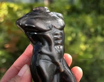 Silver Obsidian Body Sculpture 8cm | Hand-Carved Male/Female Torso | Crystal Art Figurine