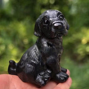 Black Obsidian Labrador Dog Carving: Hand-Carved Gemstone Sculpture