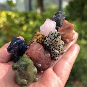 Pode incluir: Uma coleção de pequenas figuras de pedras preciosas esculpidas em várias cores, incluindo azul, rosa, verde e padrões salpicados. As figuras são seguradas em uma mão, mostrando suas formas detalhadas de animais e superfícies polidas. O fundo é verde desfocado.