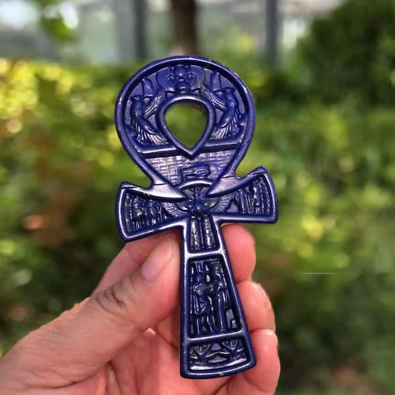 Lapis Lazuli Ankh Carving 10cm | Hand Carved Egyptian Crystal Cross | Wisdom & Protection Gemstone Decor