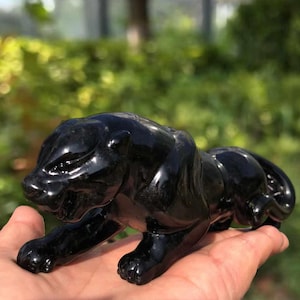Può includere: Una statuetta di pantera nera lucida, scolpita in una posa realistica. La pantera è sdraiata, con le zampe anteriori distese. La scultura ha una finitura liscia e lucida, che riflette la luce. È un oggetto decorativo.