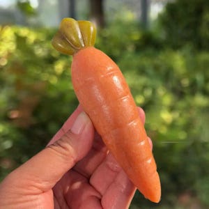 May include: A carrot-shaped object with an orange body and a green top. The carrot has a smooth, glossy surface and appears to be a decorative item or a novelty product. The background is blurred, suggesting an outdoor setting.