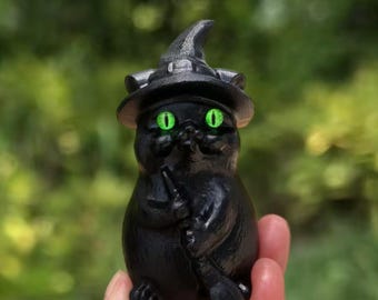 Obsidiaan heks kat beeldje: handgesneden kristallen halloweendecor