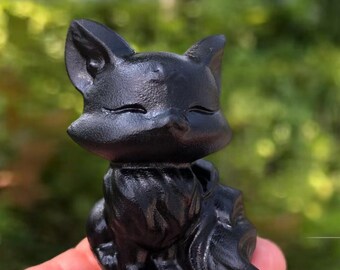 Figura de zorro tallada en obsidiana natural: escultura de cristal protectora, regalo decorativo para el hogar