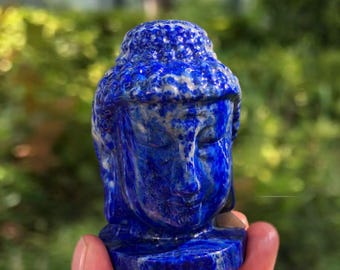 ラピスラズリ仏像 | 青い宝石彫刻 | 瞑想用装飾 | 5.5x8x2インチ