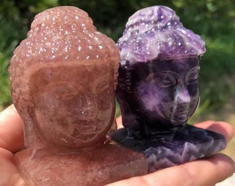 Cabeza de Buda tallada en cristal de fresa y amatista – Figura espiritual tallada a mano de 6,5 cm, decoración con piedras preciosas curativas
