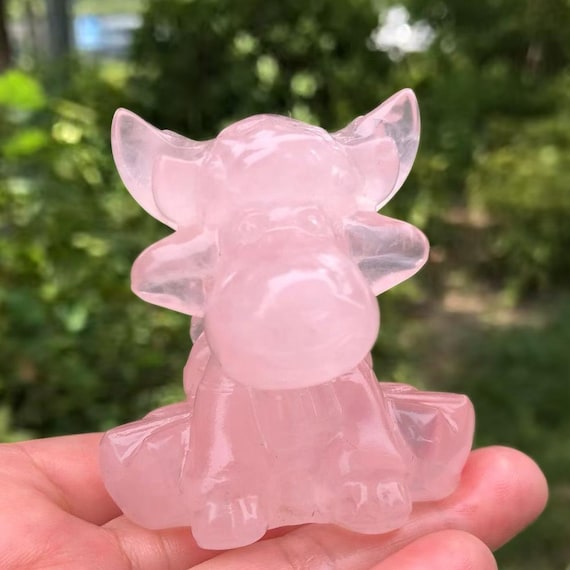 6cm Rose Quartz Highland Cow Carving, Crystal Figurine, Healing Stone  Ornament
