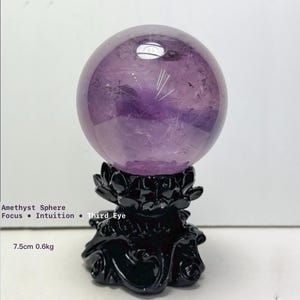 Natural Amethyst Crystal Sphere (75mm) with Lotus Stand, Meditation Decor