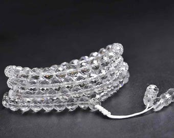 Natural Clear Quartz 108 Mala Beads, 64 Faceted Crystal Buddhist Prayer Necklace