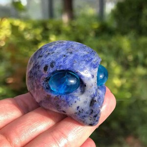 May include: A blue and white stone skull with two blue glass eyes. The skull is held in a hand, with a blurred green background.