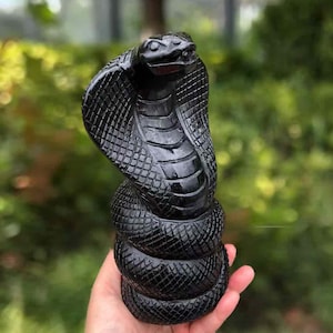 May include: A carved black cobra statue with a detailed scale pattern. The snake is coiled, with its hood raised and mouth slightly open, revealing a hint of red. The sculpture is held in a hand against a blurred green background.