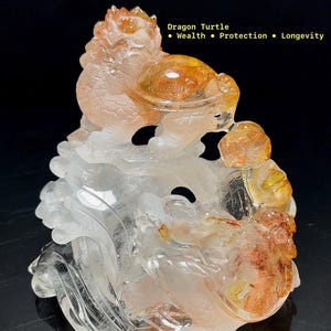 Natural Clear Quartz Dragon Turtle with Resin Flower Inclusions Feng Shui Wealth Figurine, Protection Longevity Symbol Home Decor with Stand