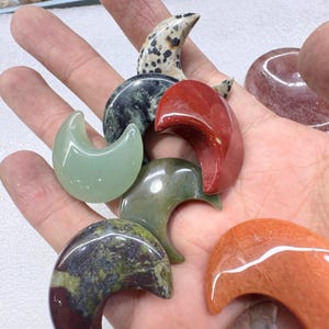 Crystal Crescent Moon Carving | Obsidian, Rose Quartz, Fluorite, Dalmatian Stone, Howlite | Pocket Moon Crystal Decor