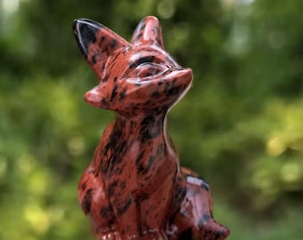 Zorro de obsidiana caoba tallada a mano, figura de cristal de 6 cm, tótem animal espiritual, pieza de colección