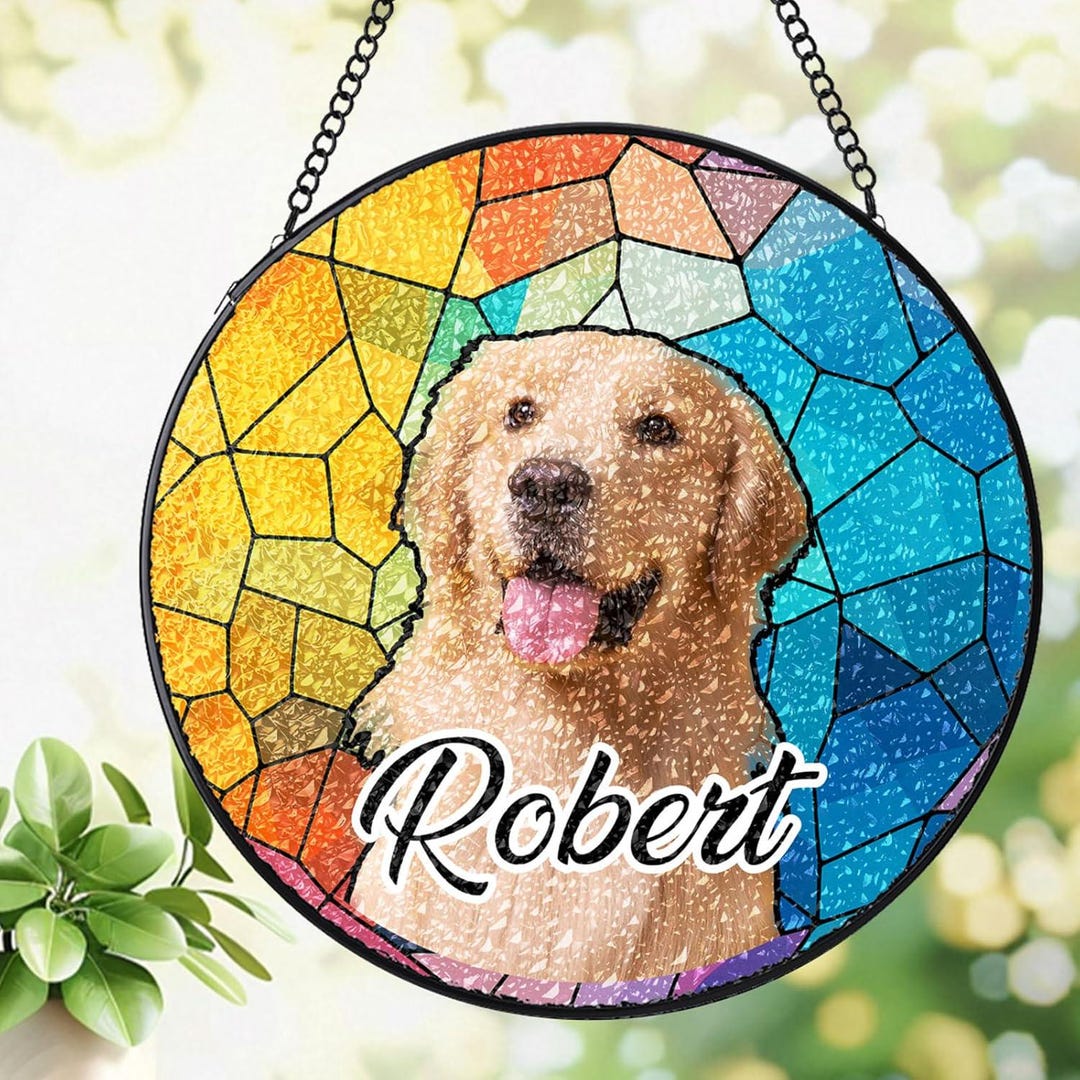 Custom Pet Photo Rainbow Suncatcher, Stained Glass Style Memorial Decor ...