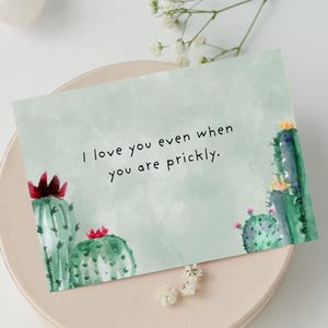 May include: A greeting card with a watercolor cactus design and the text "I love you even when you are prickly." The card is on a light pink plate, surrounded by white flowers and two clear quartz spheres.