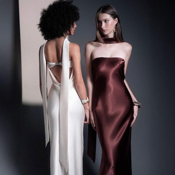 floral embroidered sheer mesh dress Elegant solid color slit scarf collar A-line Prom dress – LD Dress