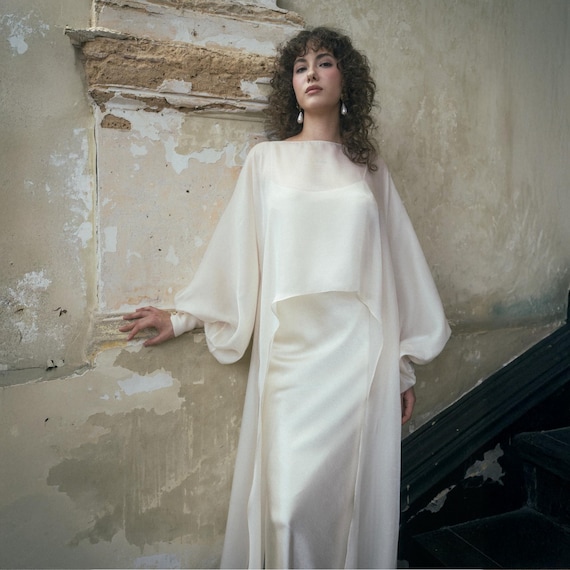 wedding dress chiffon overlay White Chiffon Overlay Bridal Gown: Modern Minimalist Wedding Dress