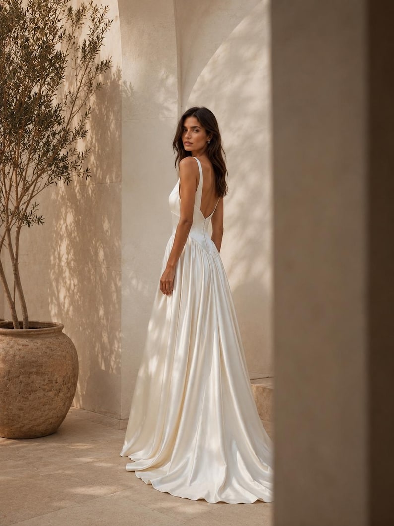 Minimalistisches Satin-Brautkleid, Elfenbein-Brautkleid, tiefer V-Ausschnitt, eleganter A-Linien-Zug, handgefertigtes Braut-Outfit, moderne Zeremoniekleidung Bild 3